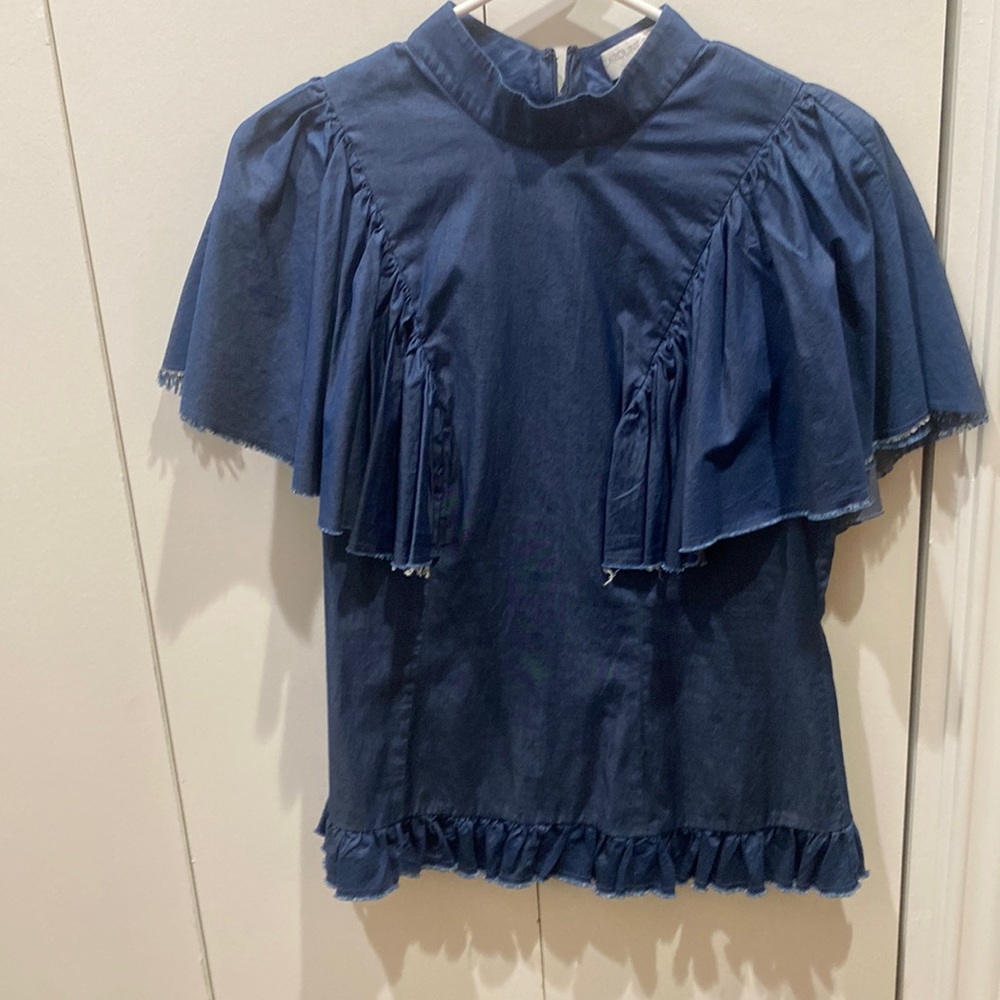 Caroline Constas Denim Ruffle Top